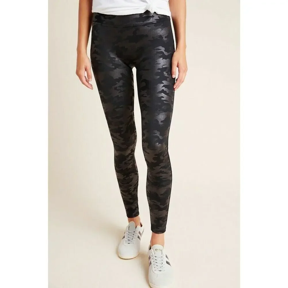 Spanx Legging Womens S Small Black Camo Faux Leather Pull On Wide Band Fitted